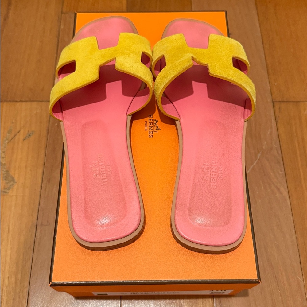 Hermès Oran Yellow and Pink Suede Sandals - Picture 4 of 6